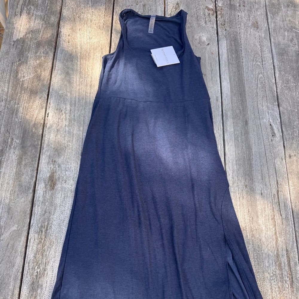 Beyond Yoga Featherweight Square Neck Slit Midi Dress in Nocturnal Navy, Size S